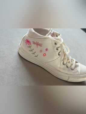 Converse Cream High-Top Sneakers with Pink Floral & Dragonfly Embroidery